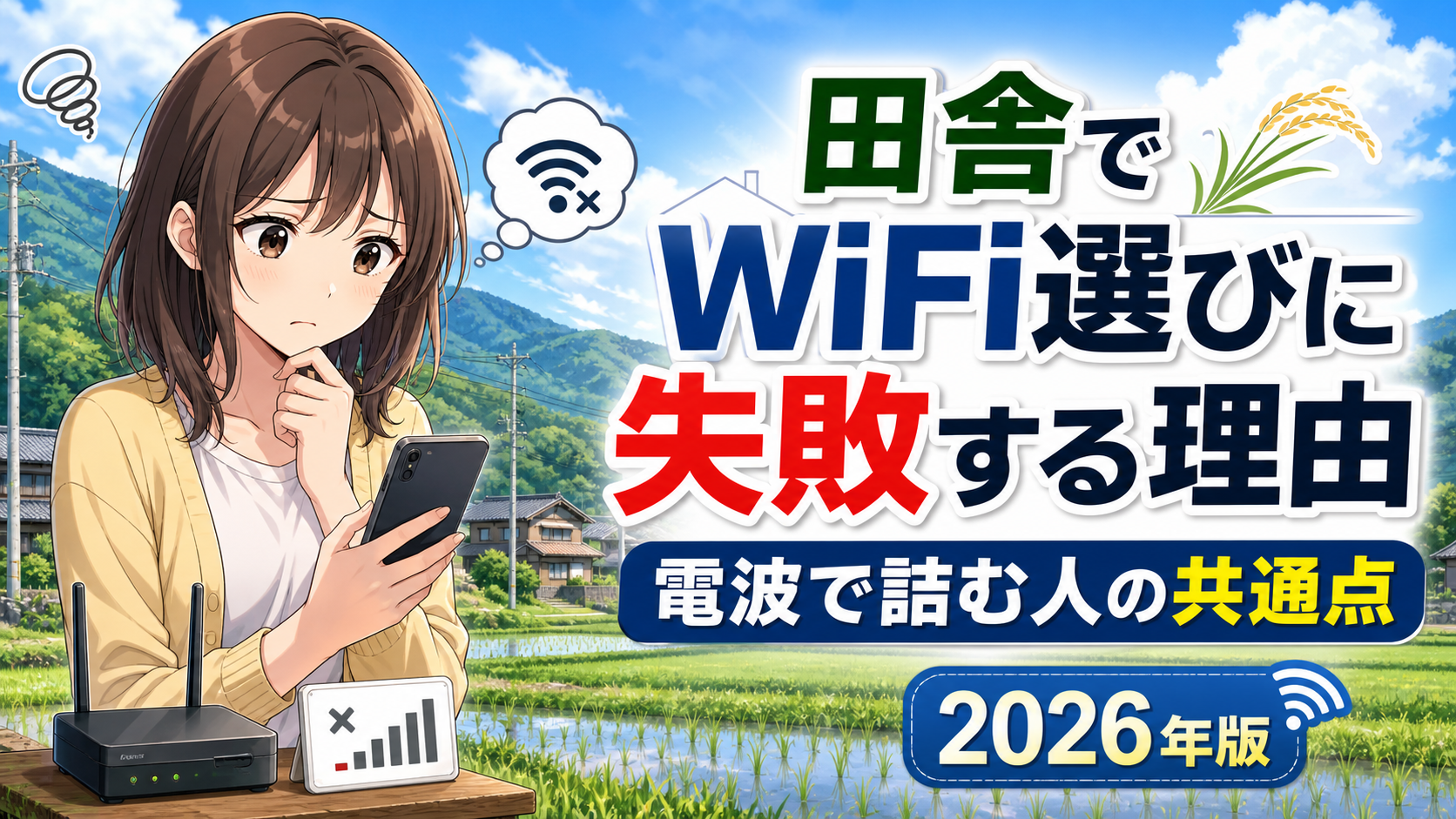 田舎の田んぼ風景を背景に、スマホを見ながら困った表情をした女性のアニメキャラと、WiFiルーター・電波不良の表示を配置したアイキャッチ画像。文字は「田舎でWiFi選びに失敗する理由」「電波で詰む人の共通点」「2026年版」。