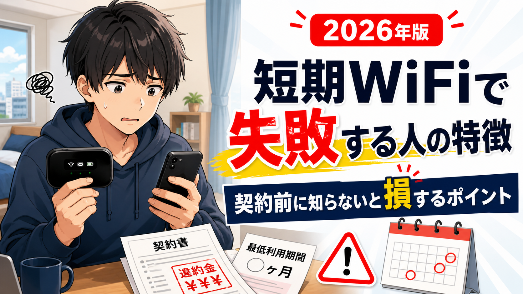 短期WiFiで失敗する人の特徴を解説するアイキャッチ画像。契約前に知らないと損するポイントを、スマホとポケットWiFiを持つ不安そうな人物と契約書で表現しています。