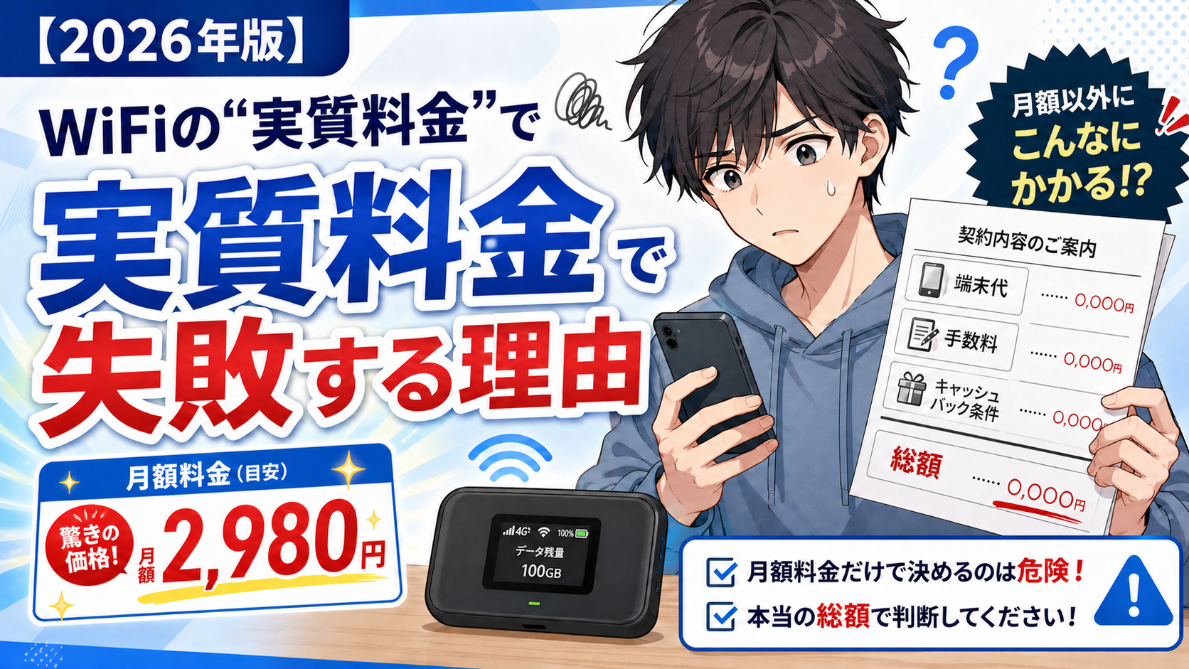 WiFiの実質料金で失敗する理由を示したアイキャッチ画像。月額料金だけで判断すると、端末代・手数料・キャッシュバック条件などで総額がズレることを表現しています。