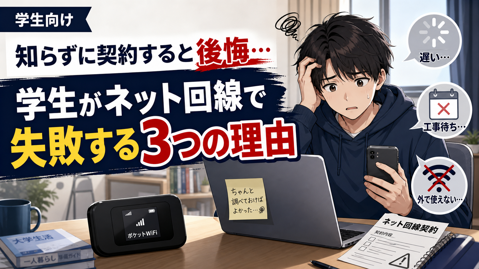 学生がネット回線を知らずに契約して後悔する様子と、遅い・工事待ち・外で使えない失敗理由を示したアイキャッチ画像。