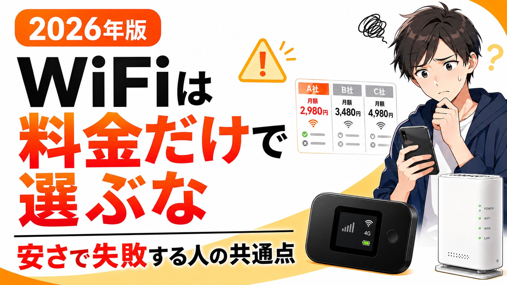WiFiを料金だけで選ぶと失敗しやすい理由を伝えるアイキャッチ画像。料金比較で迷う人物とWiFi端末、料金表が描かれている。