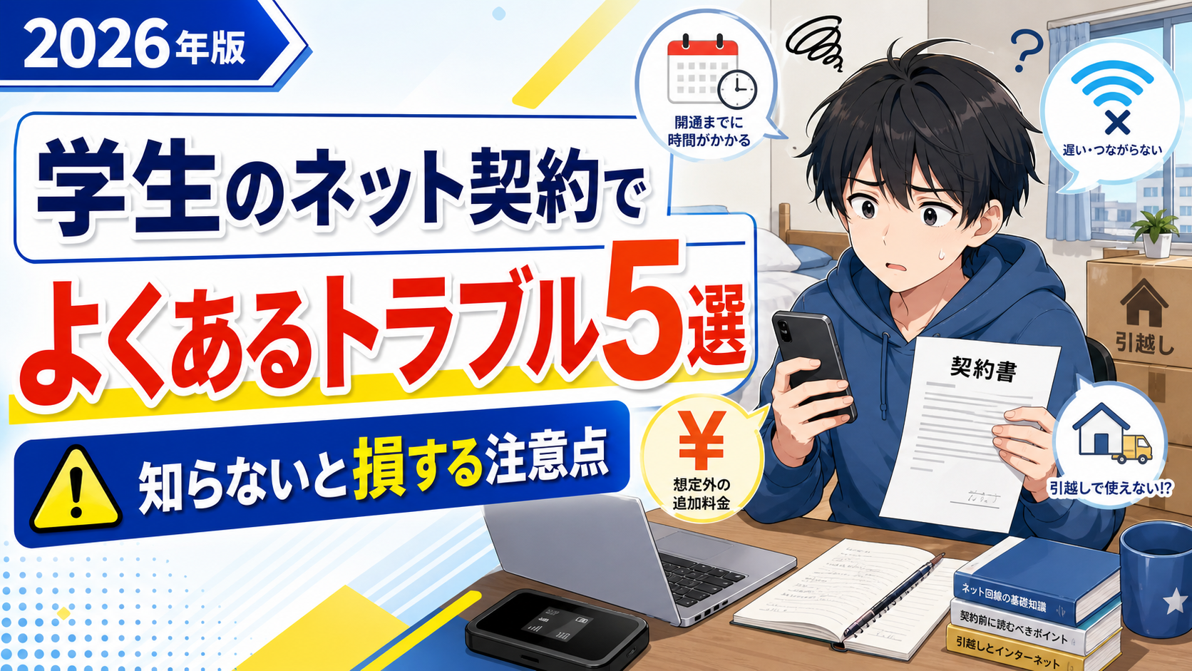 学生のネット契約でよくあるトラブル5選を解説するアイキャッチ画像。契約書とスマホを持って不安そうな学生が、開通待ち・追加料金・通信トラブル・引っ越し時の注意点に悩んでいる様子。