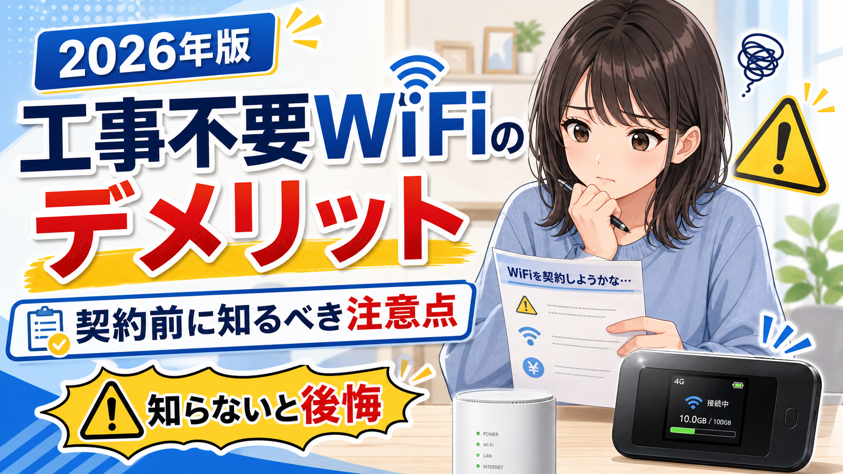工事不要WiFiのデメリットと契約前に知るべき注意点を、悩む女性とWiFi端末で表現したアイキャッチ画像