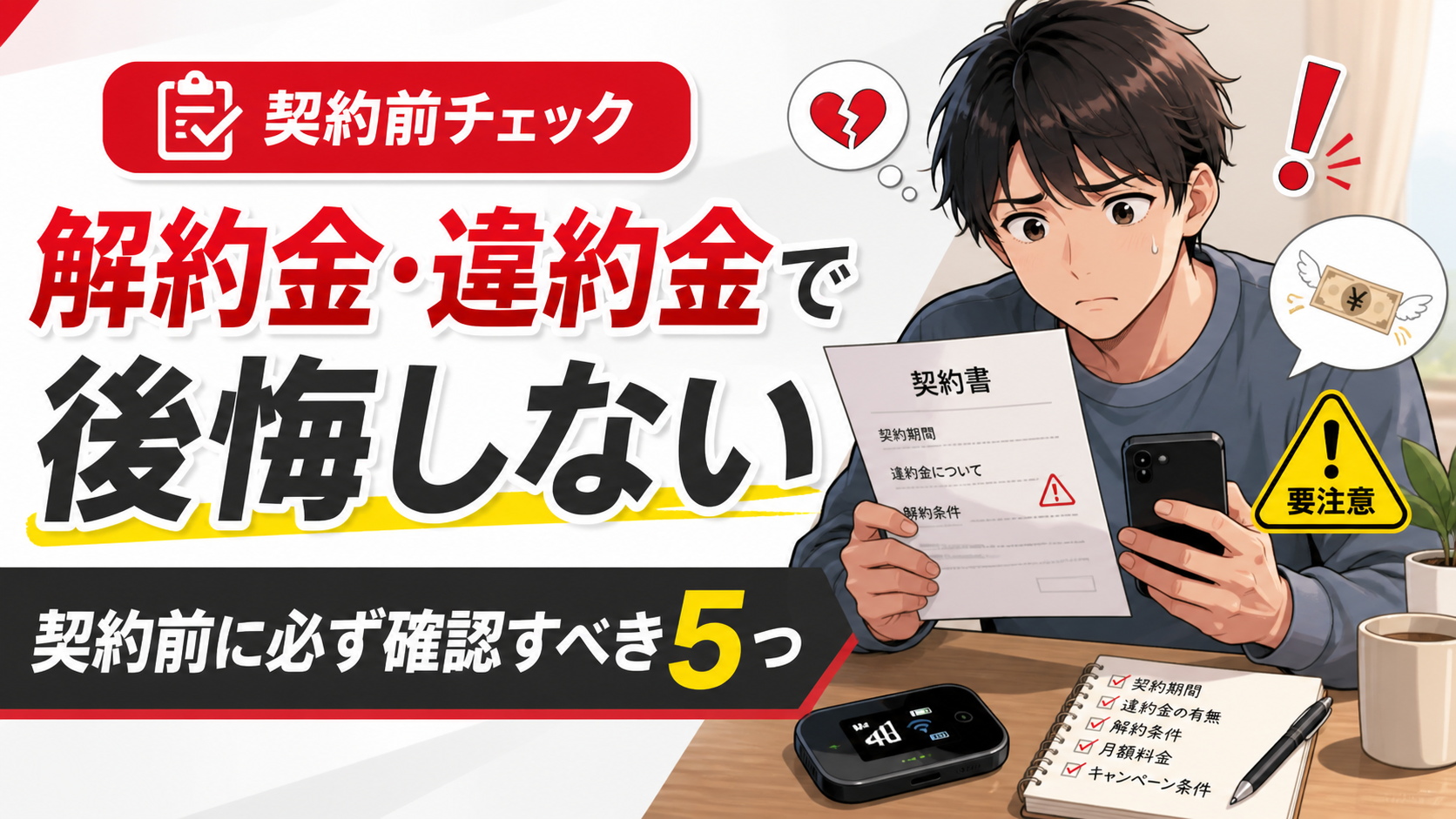 解約金・違約金で後悔しないために、契約書とスマホ料金を見ながら不安そうに確認する男性と、契約前に必ず確認すべき5つの注意点を示したアイキャッチ画像。