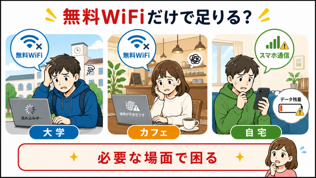 無料WiFiだけで足りるかを大学・カフェ・自宅の利用場面ごとに判断する学生向けイラスト