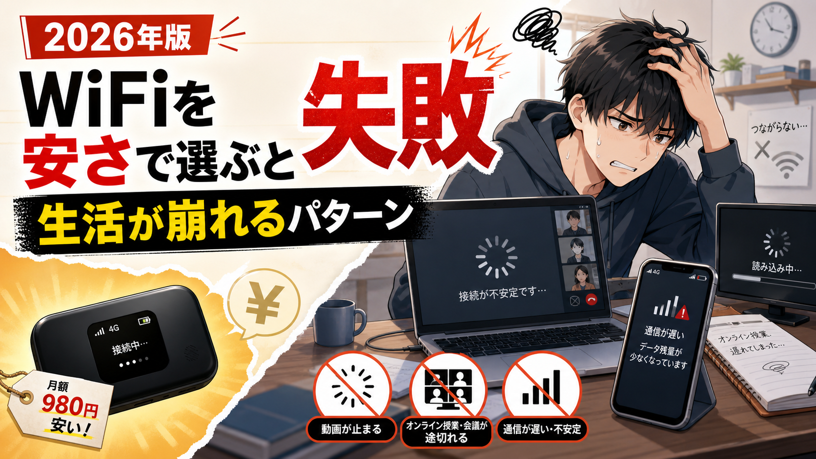 安さだけでWiFiを選び、通信が不安定になってオンライン授業や動画視聴が止まり、生活に支障が出て困る一人暮らしの男性。