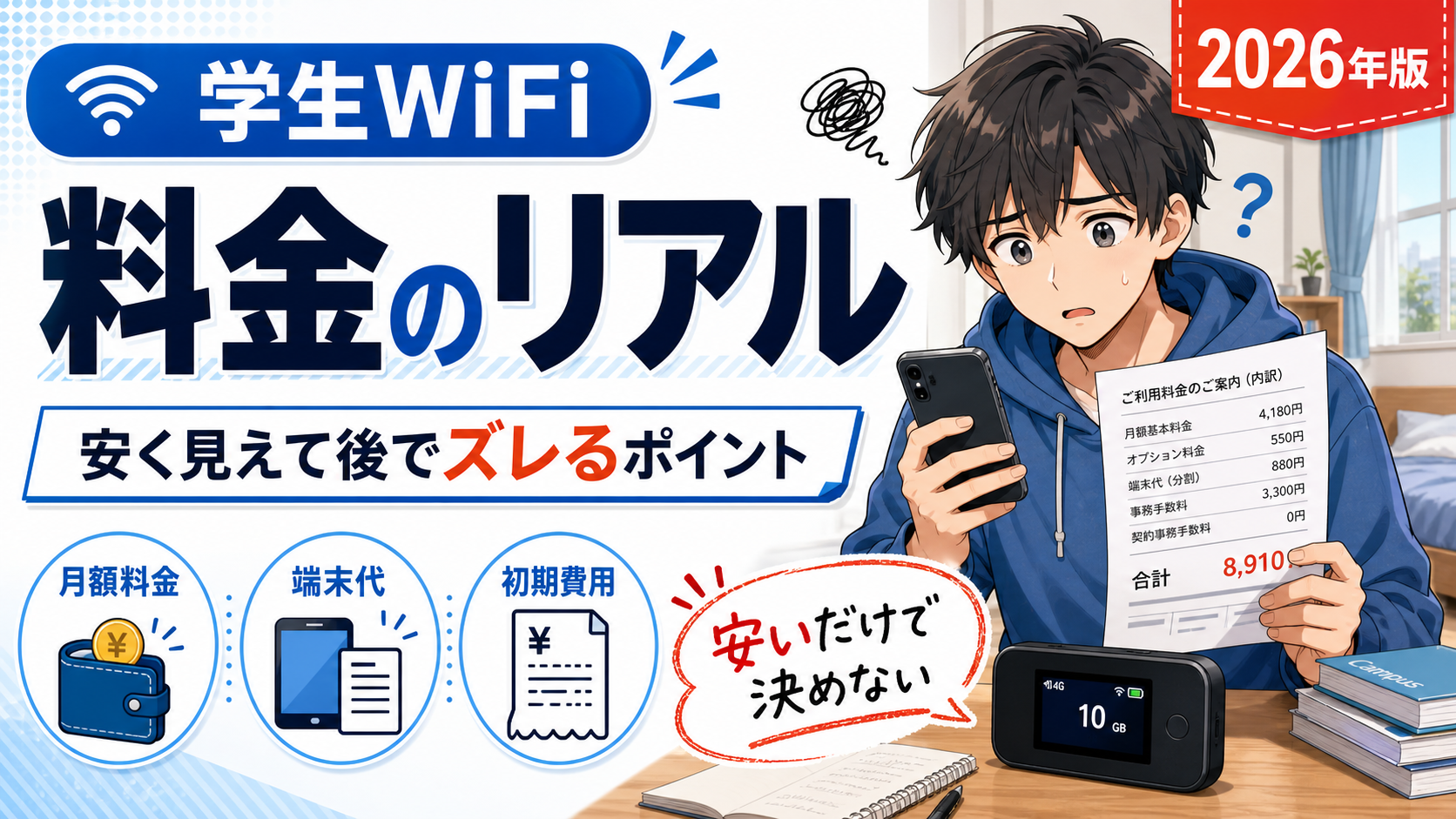 学生WiFiの料金について、月額料金・端末代・初期費用など安く見えて後でズレやすいポイントを、請求書を見て悩む大学生とポケット型WiFiで表現したアイキャッチ画像。