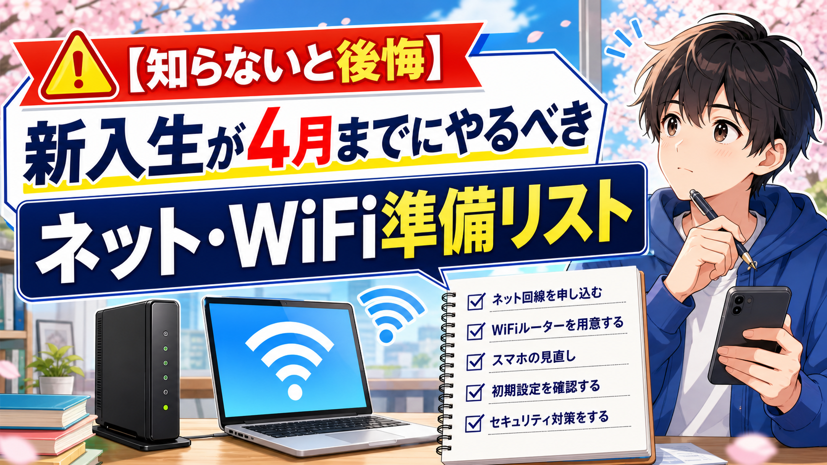 新入生が4月までにやるべきネット・WiFi準備リストを示したアイキャッチ画像。学生がスマホとチェックリストを見ながら、入学前のWiFi準備を進めている様子。