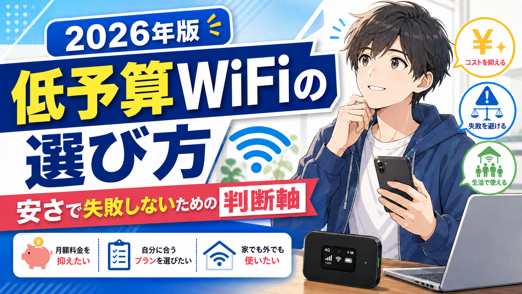 低予算WiFiの選び方を解説するアイキャッチ画像。安さだけで失敗しないために、コストを抑えること、失敗を避けること、生活で使えることを判断軸として示しています。