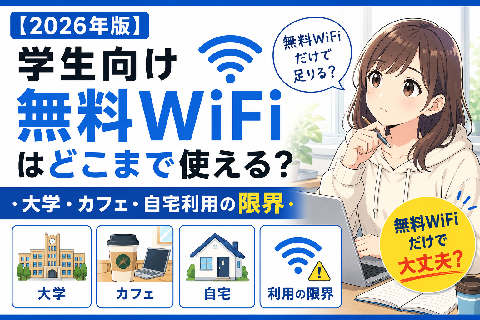 学生向け無料WiFiが大学・カフェ・自宅利用でどこまで使えるか悩む大学生のイラスト