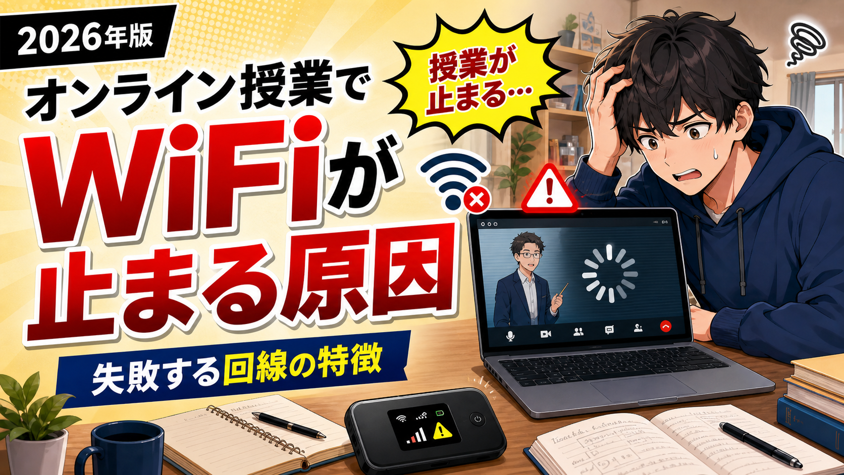 オンライン授業中にWiFiが止まり、授業画面が固まって困る学生と、失敗する回線の特徴を表したアイキャッチ画像