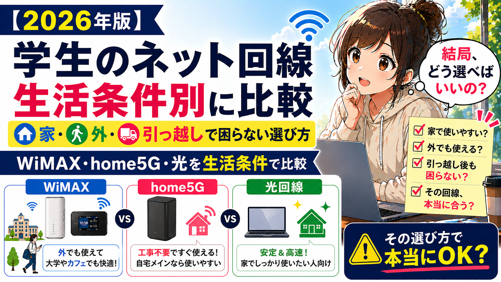 【2026年版】学生のネット回線を生活条件別に比較。WiMAX・home5G・光回線を、家での使いやすさ・外での利用・引っ越し後の使いやすさで比べるアイキャッチ画像。