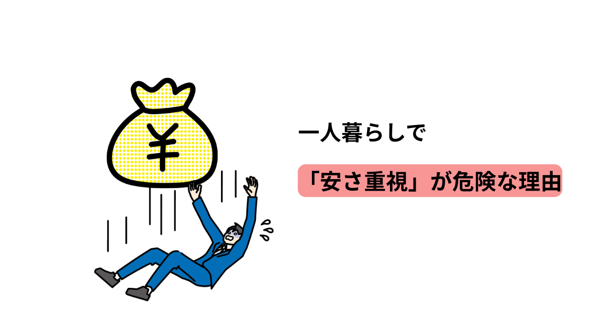 一人暮らしで安さ重視が危険な理由を表したイラスト。お金の袋と、落とし穴に落ちる男性のイメージ