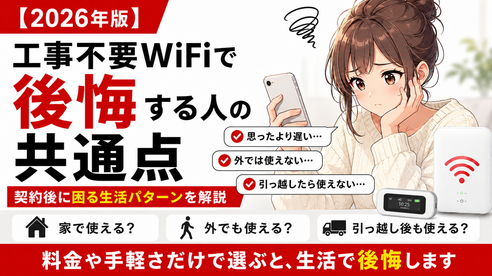 工事不要WiFiで後悔する人の共通点を解説するアイキャッチ画像。思ったより遅い、外では使えない、引っ越し後に使えないなど、契約後に困る生活パターンを示している。