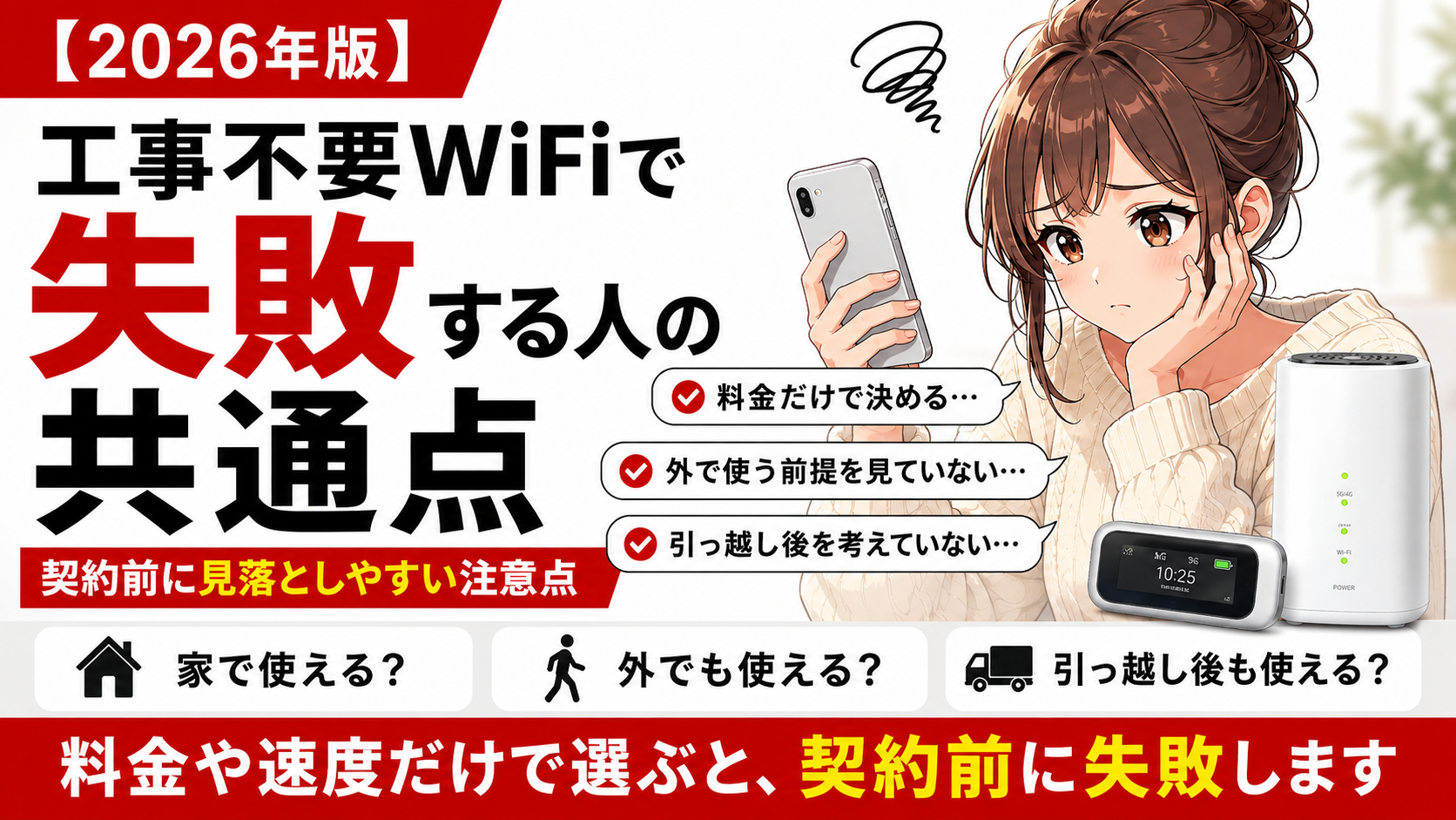 工事不要WiFiで失敗する人の共通点を解説するアイキャッチ画像。料金や速度だけで選ぶ、外で使う前提を見ていない、引っ越し後を考えていないなど、契約前に見落としやすい注意点を示している。