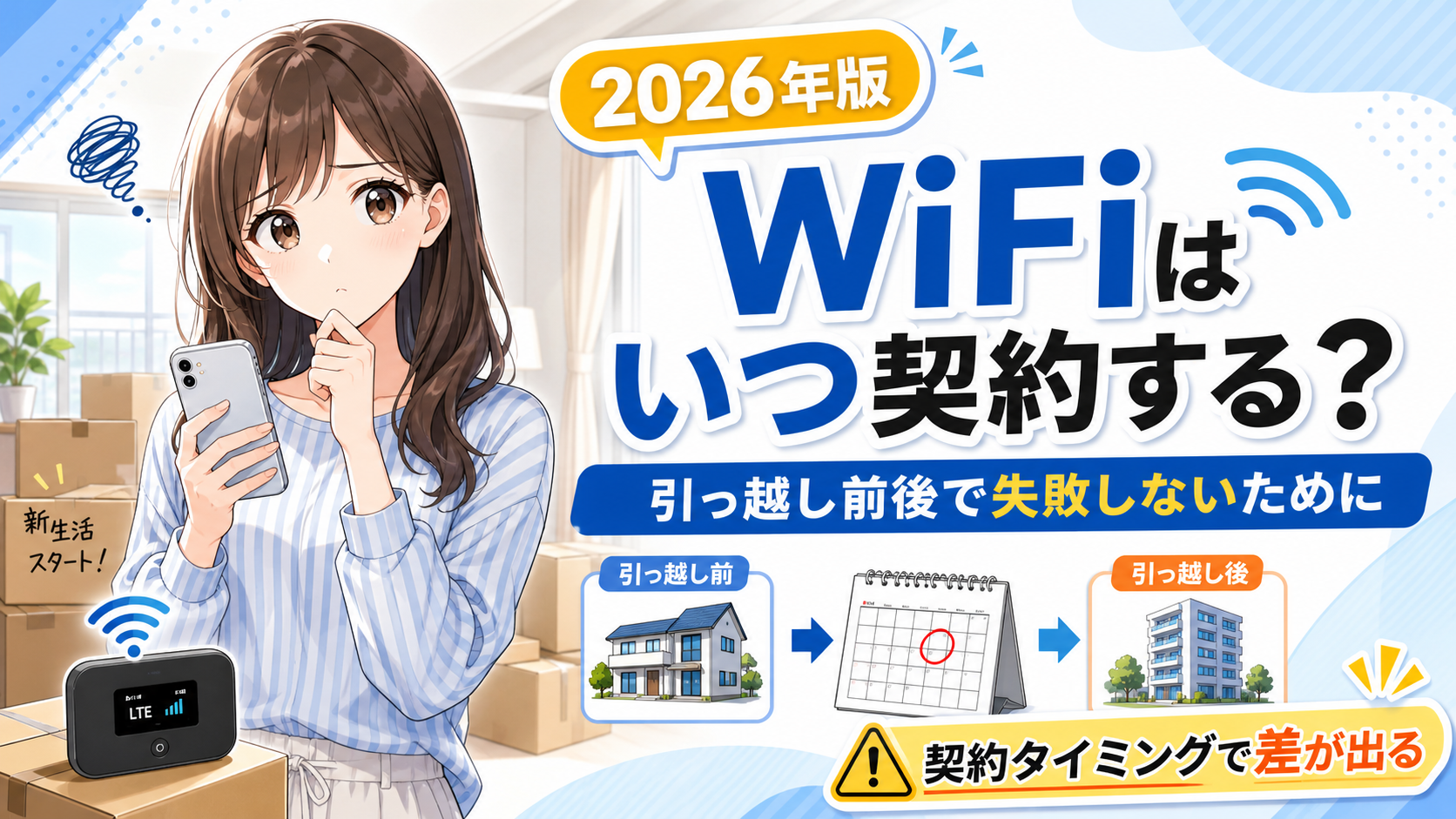 WiFiをいつ契約するべきか悩む女性と、引っ越し前後の契約タイミングを示したアイキャッチ画像