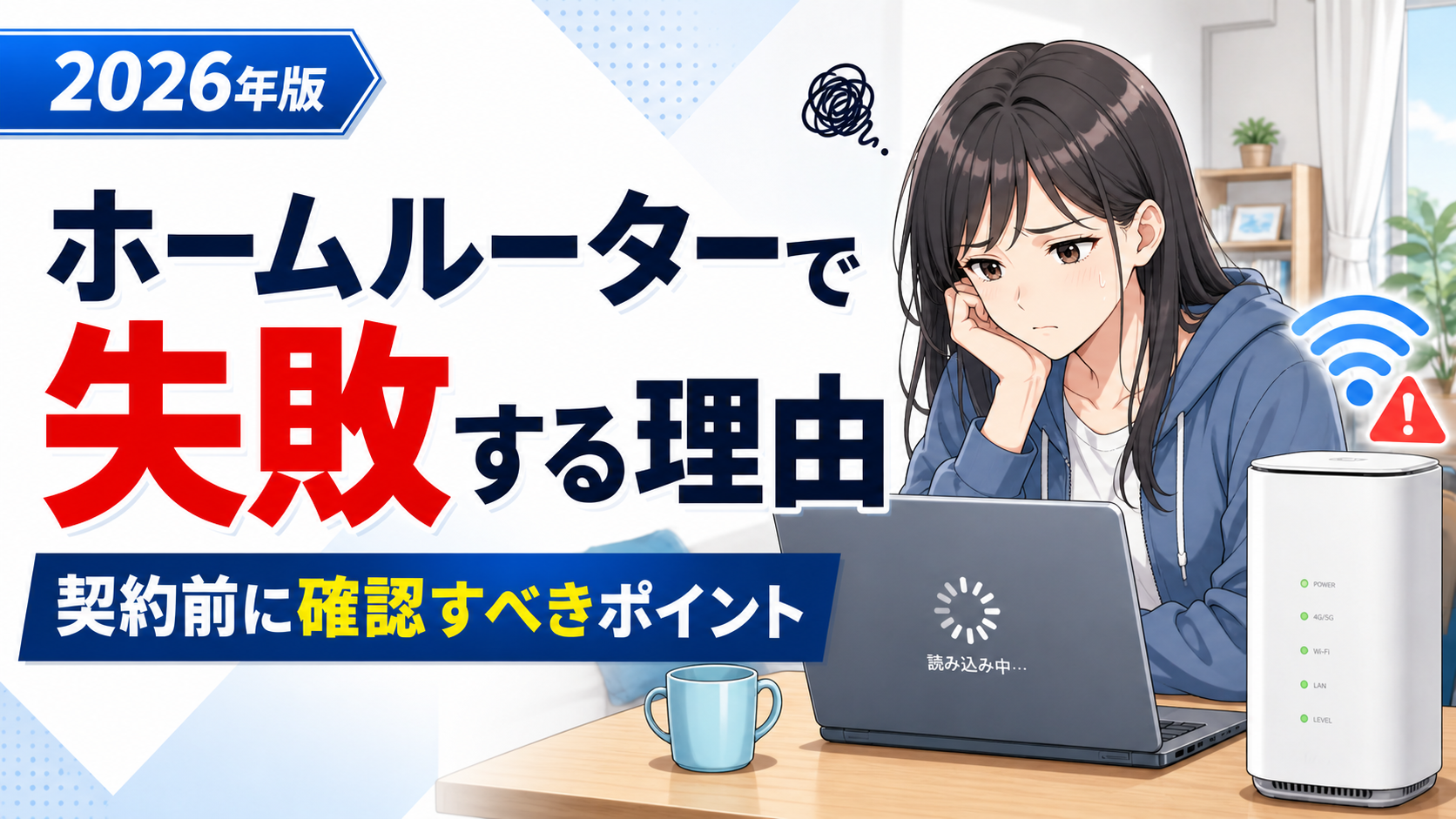 ホームルーターで失敗する理由と契約前に確認すべきポイントを、悩む女性とホームルーターのイラストで表現したアイキャッチ画像