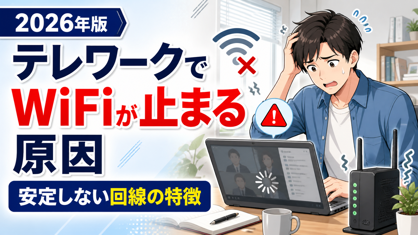 テレワーク中にWiFiが止まり、オンライン会議が不安定になって困る男性とWiFiルーターのイラスト