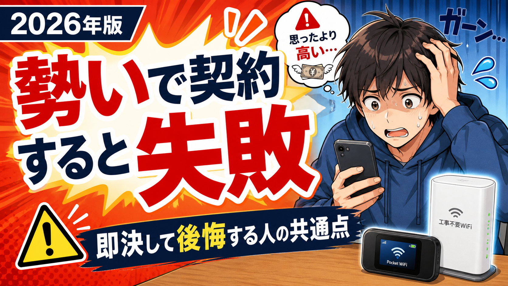 WiFiを勢いで契約して失敗する不安を表したアイキャッチ画像。スマホを見て後悔する若者と、工事不要WiFi端末・ポケット型WiFi端末が描かれている。