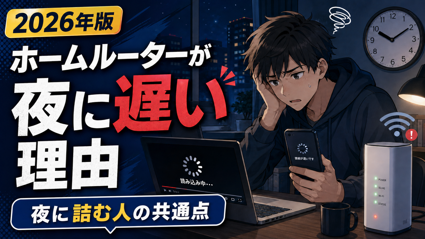 ホームルーターが夜に遅くなり、スマホやパソコンの読み込みが進まず困っている男性のアイキャッチ画像。2026年版、夜に詰む人の共通点を示すイラスト。