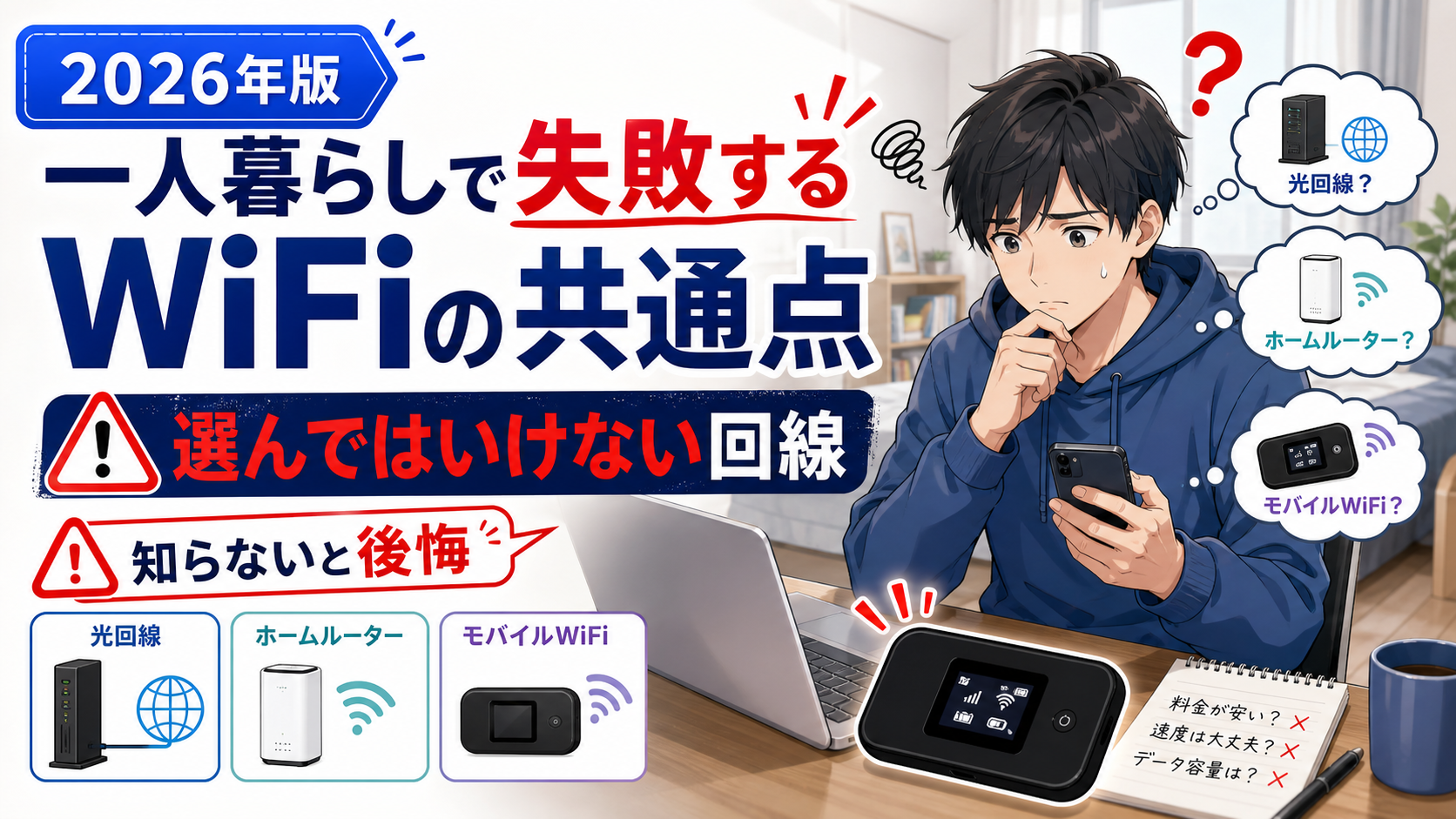 一人暮らしで失敗するWiFiの共通点と選んではいけない回線を解説する2026年版アイキャッチ画像。悩む男性と光回線・ホームルーター・モバイルWiFiの選択肢を表示。