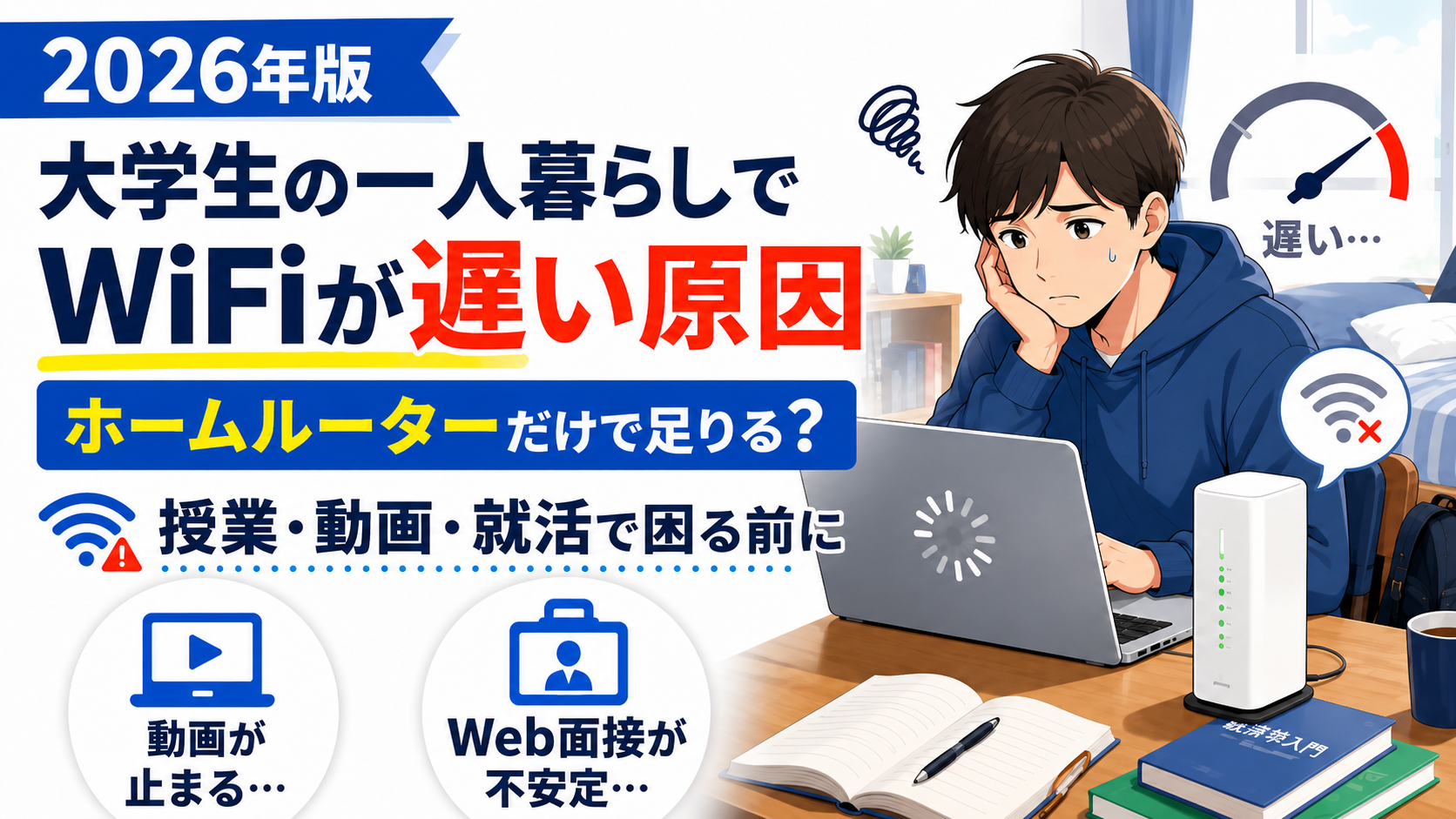 大学生の一人暮らしでWiFiが遅く、ホームルーターだけで足りるか悩む学生のアイキャッチ画像