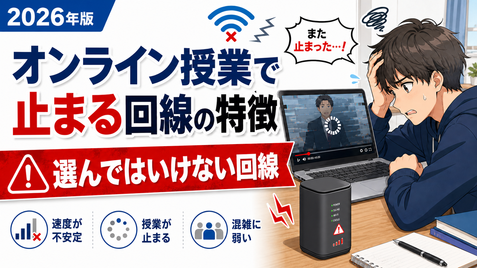 オンライン授業中に回線が止まり、学生が困っている様子と、選んではいけない不安定なホームルーター回線の特徴を示したアイキャッチ画像