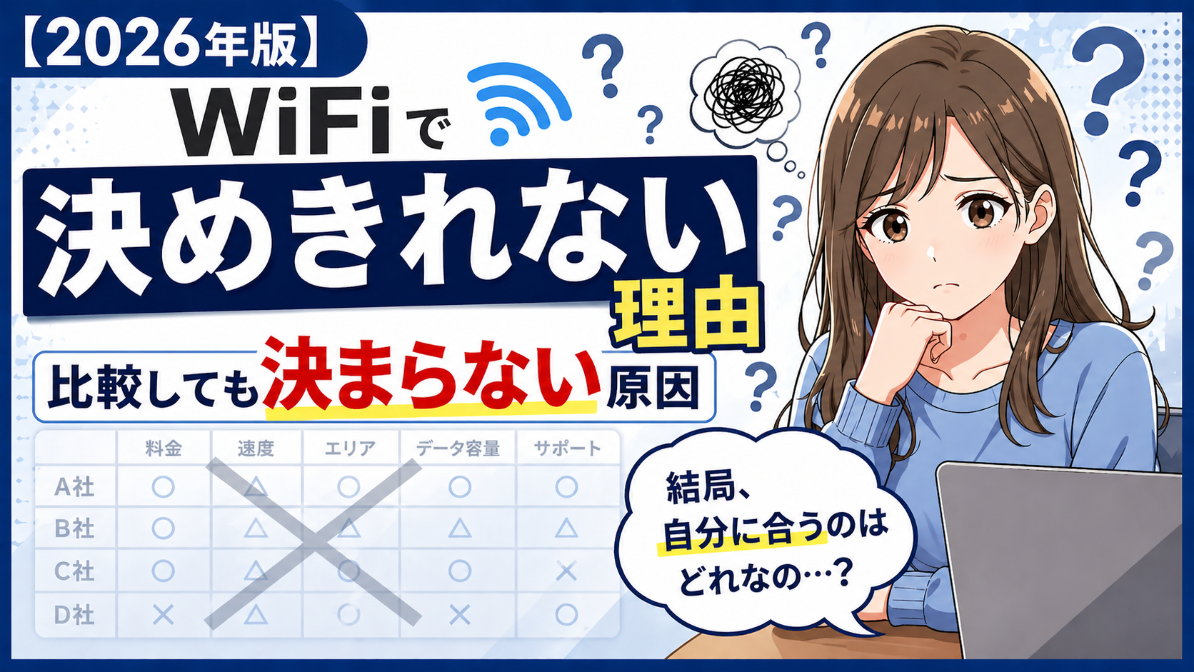 WiFiで決めきれない理由を解説するアイキャッチ画像｜比較しても決まらない原因と迷う人の特徴を表現したアニメ風イラスト