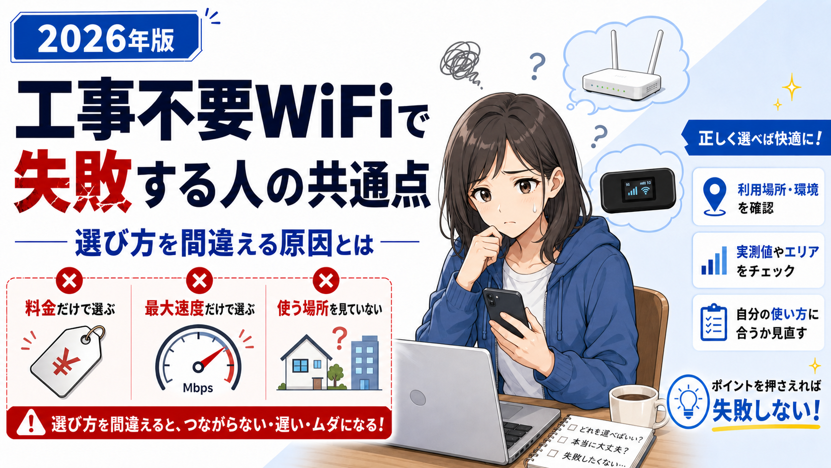 工事不要WiFiで失敗する人の共通点と、選び方を間違える原因を解説するアイキャッチ画像
