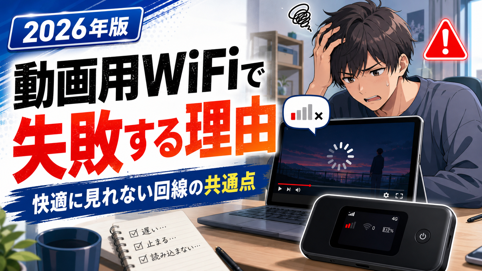 2026年版の動画用WiFiアイキャッチ画像。左側に「動画用WiFiで失敗する理由」「快適に見れない回線の共通点」という大きな文字、右側に動画の読み込み停止で困る若い男性、読み込み中のノートPC画面、電波が弱いポケット型WiFi端末が描かれている。