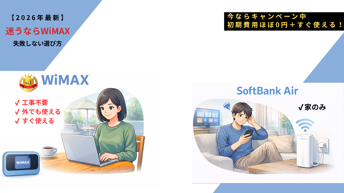 WiMAXとソフトバンクエアーの比較イラスト。外でも使えるWiMAXと、家でしか使えないSoftBank Airの違いをわかりやすく解説