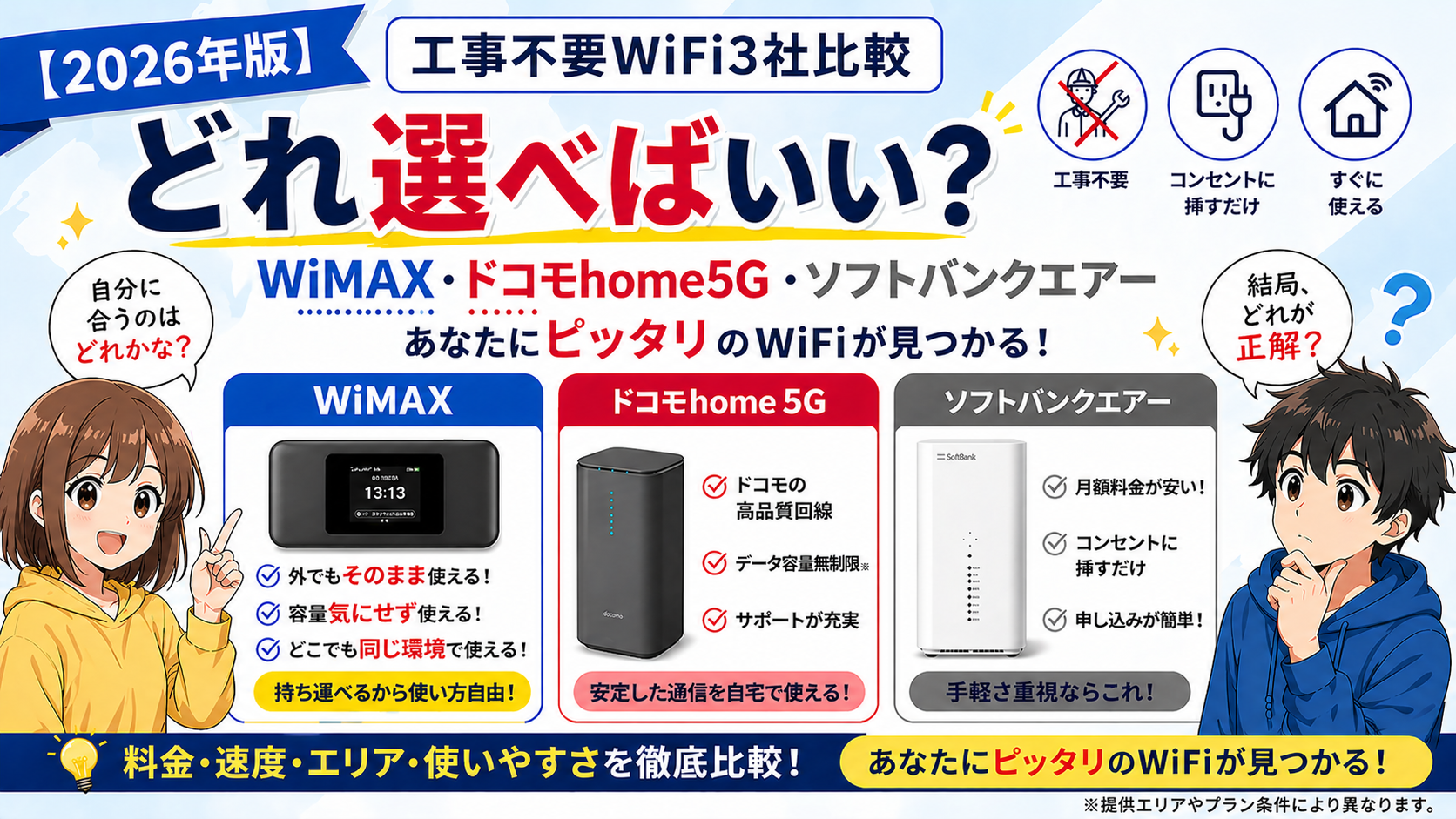 2026年版の工事不要WiFi3社比較｜WiMAX・ドコモhome5G・ソフトバンクエアーの違いを比較し、どれを選べばいいか迷っている人向けの解説イメージ
