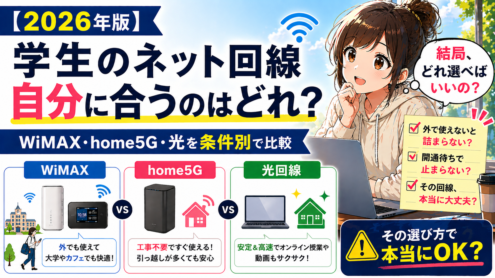 学生のネット回線はどれが合う？WiMAX・home5G・光を条件別で比較し、自分に合う回線を判断できるアイキャッチ画像