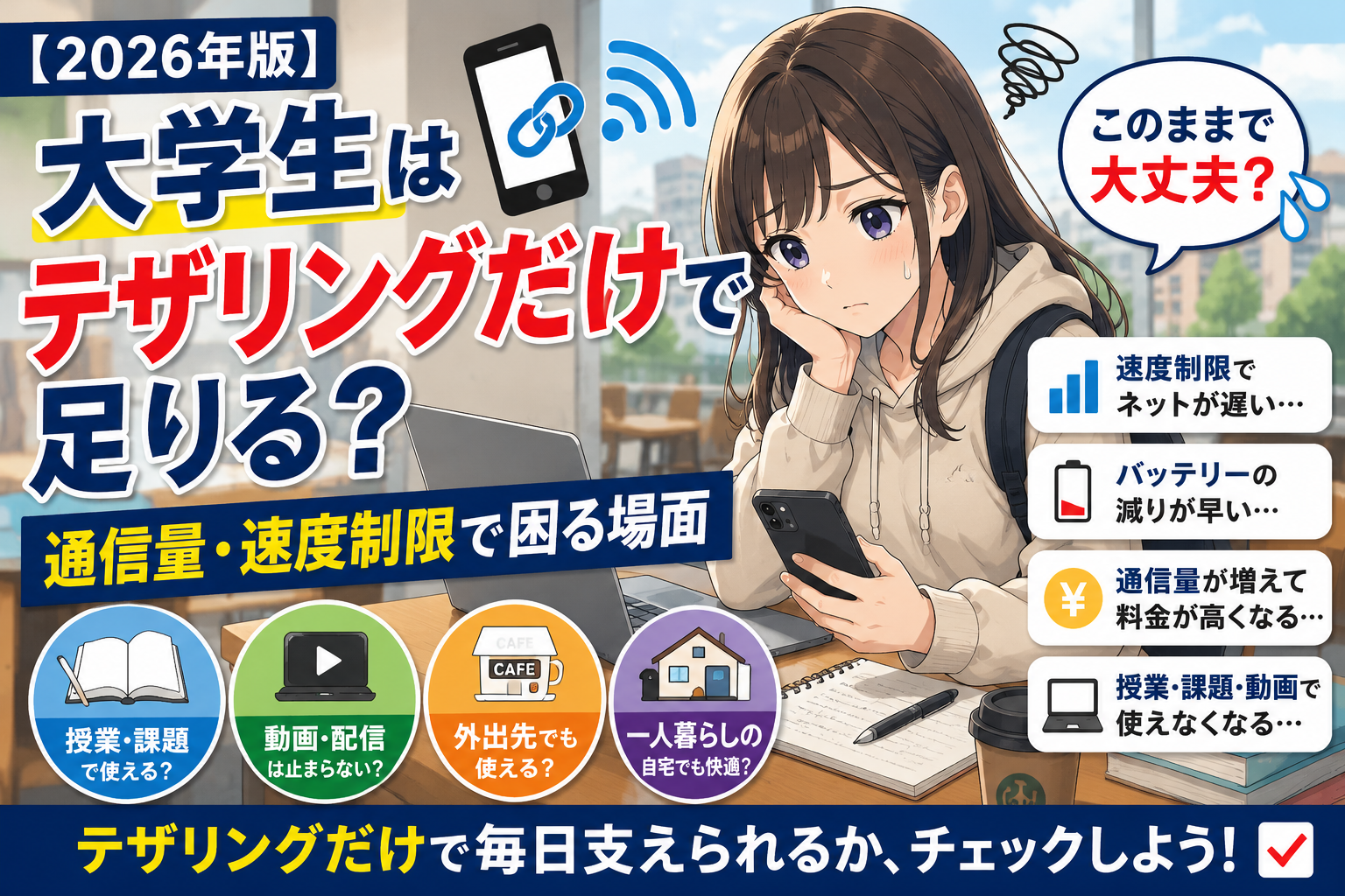 大学生がテザリングだけで足りるかを考える女性キャラクターのアイキャッチ画像。通信量・速度制限・バッテリー消耗で困る場面を示している。
