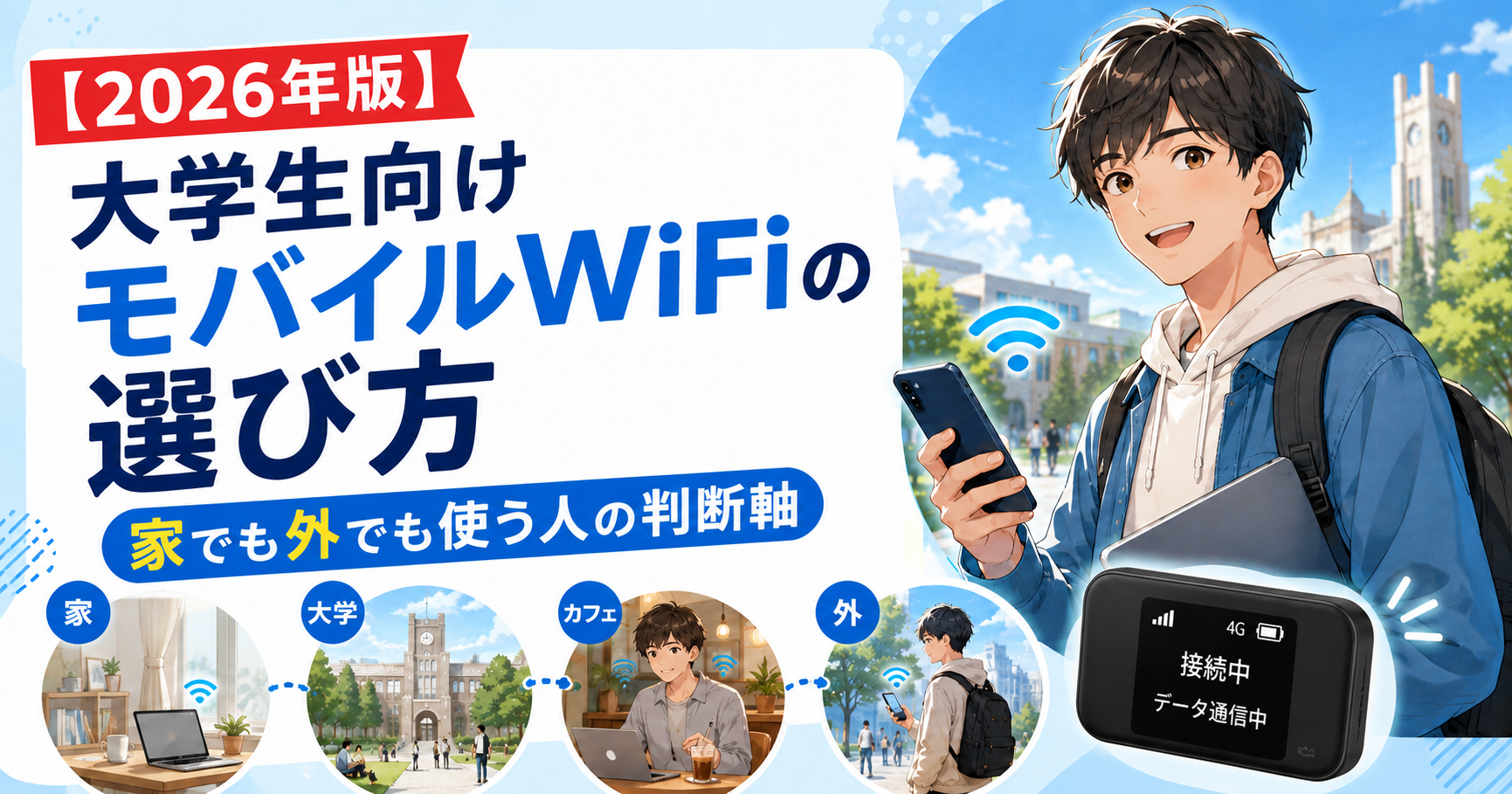 大学生向けモバイルWiFiの選び方を表したアイキャッチ画像。家・大学・カフェ・外でネットを使う場面とモバイルWiFi端末が描かれている。