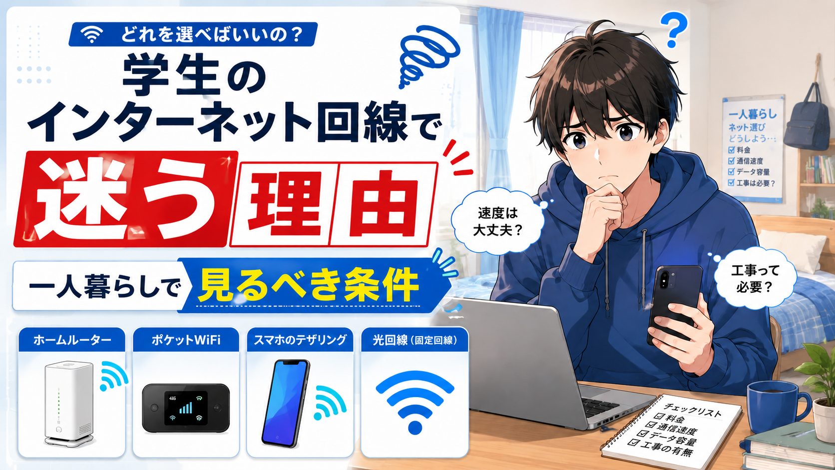 学生の一人暮らしでインターネット回線選びに迷う様子と、ホームルーター・ポケットWiFi・スマホのテザリング・光回線の選択肢を比較するアイキャッチ画像