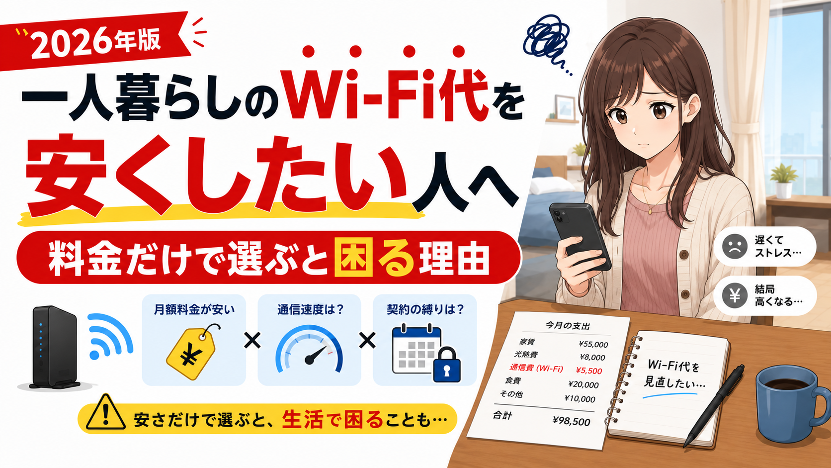 一人暮らしの女性がWi-Fi代を見直しながら、料金だけで選ぶと速度や追加費用で困る点を考えているアイキャッチ画像