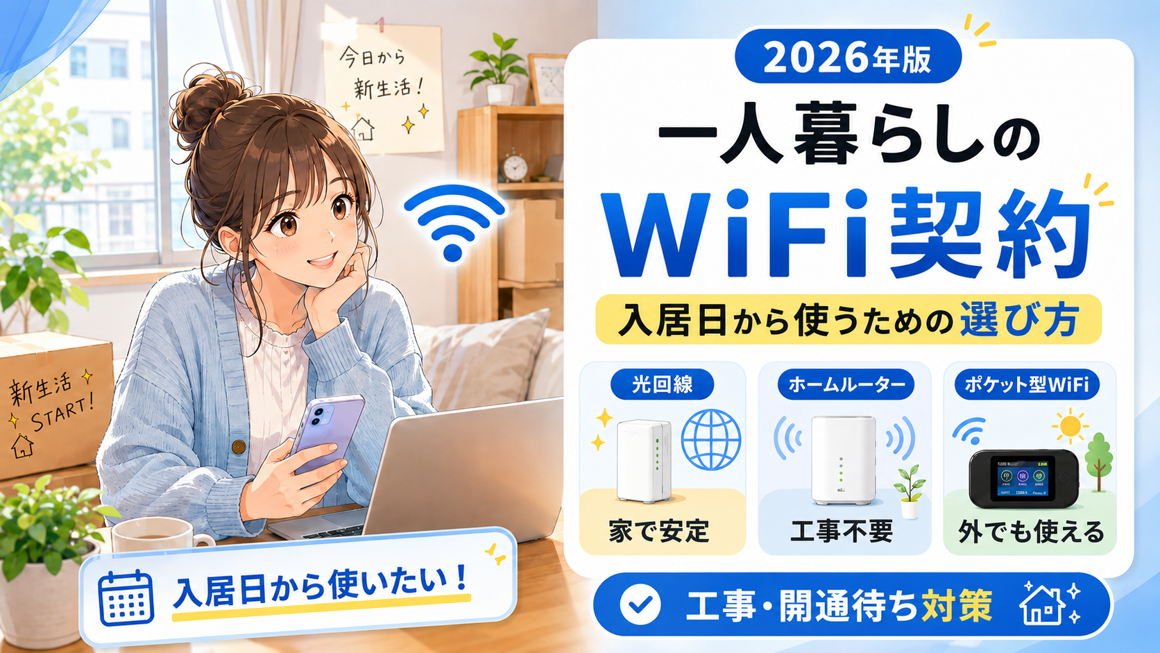 一人暮らしのWiFi契約について、入居日から使うために光回線・ホームルーター・ポケット型WiFiを比較するイメージ