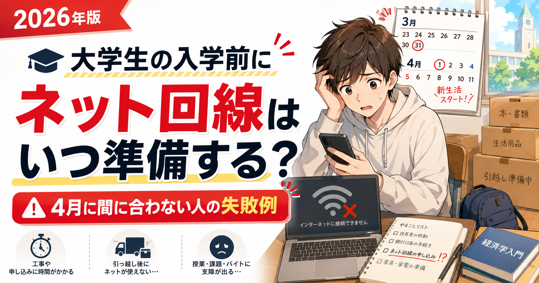 大学生の入学前にネット回線をいつ準備するべきか悩む学生と、4月に間に合わない失敗例を示したアイキャッチ画像