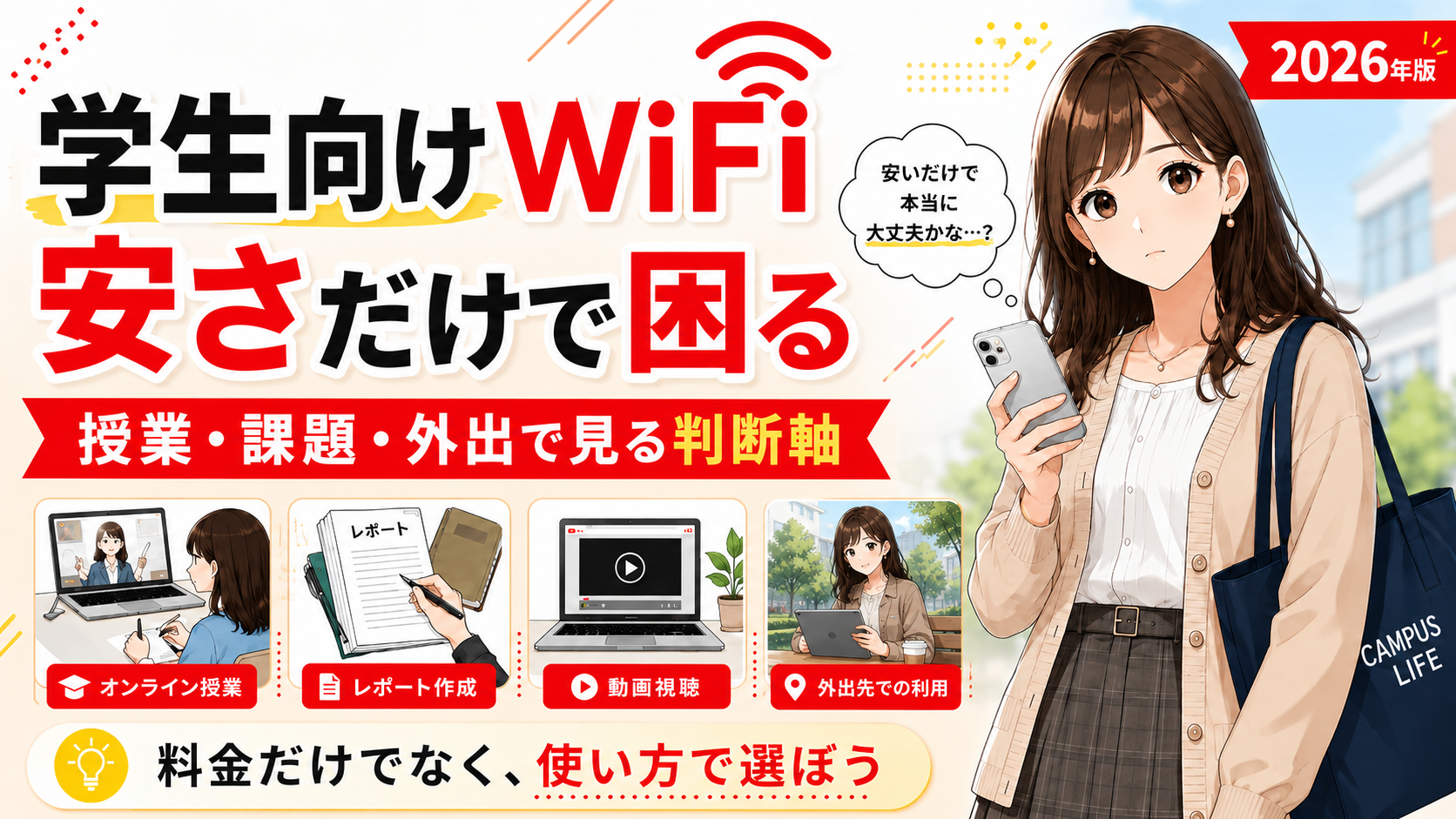 学生向けWiFiを安さだけで選ぶと困る理由を、授業・課題・外出で見る判断軸として解説するアイキャッチ画像