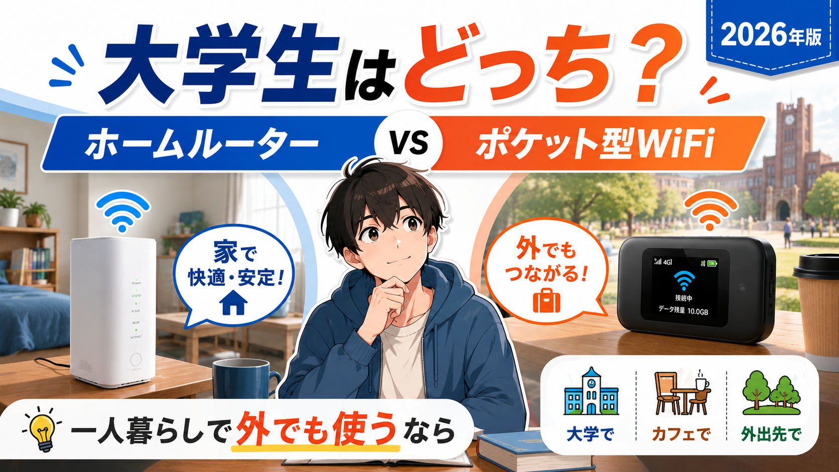 大学生の一人暮らしでホームルーターとポケット型WiFiのどちらを選ぶべきか比較するアイキャッチ画像
