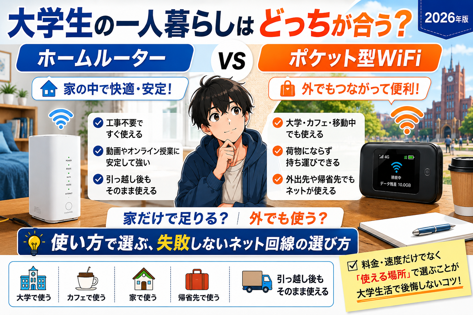 大学生の一人暮らしでホームルーターとポケット型WiFiを比較するアイキャッチ画像。家で使う回線と外でも使える回線の違いを、大学・カフェ・帰省先・引っ越し後の使い方で示している。