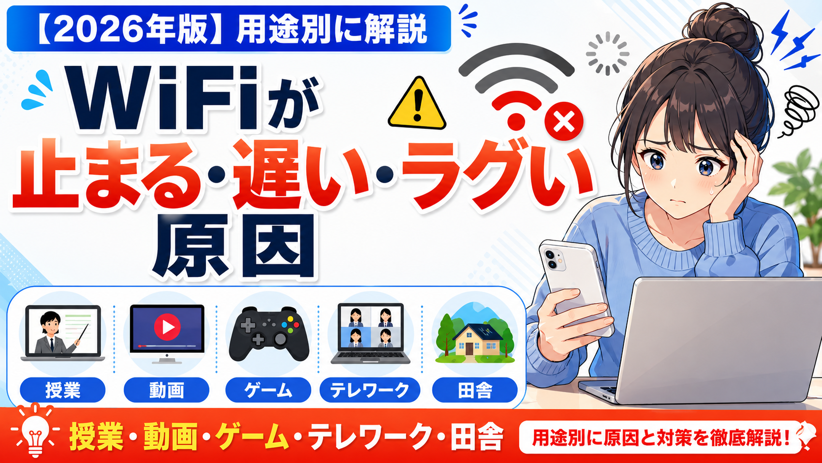 WiFiが止まる・遅い・ラグい原因を、授業・動画・ゲーム・テレワーク・田舎など用途別に解説するアイキャッチ画像