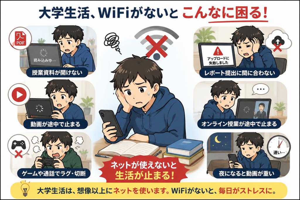 大学生がWiFiなしで生活すると、授業資料・動画・オンライン授業・レポート提出・ゲームで困る場面をまとめたイラスト