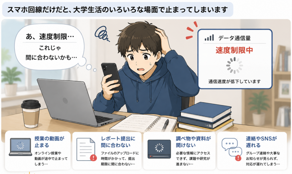 スマホ回線だけでは、大学生活の「やりたいこと」や「やるべきこと」が止まってしまいます。
