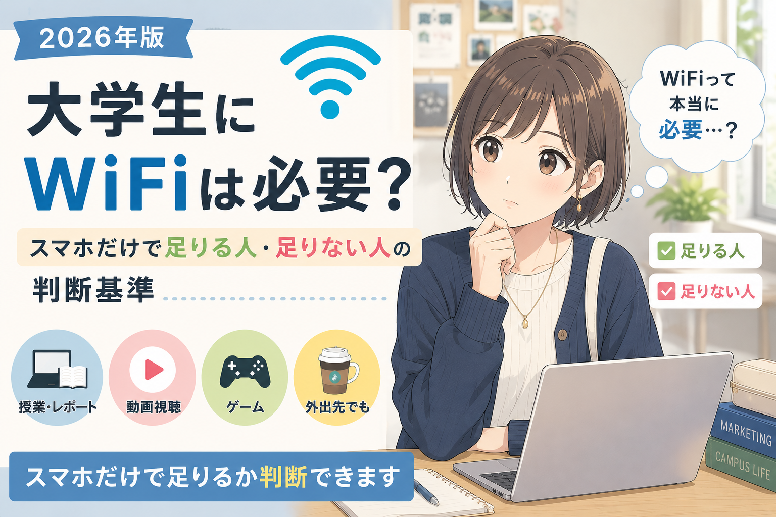 大学生にWiFiは必要か、スマホだけで足りる人と足りない人の判断基準を解説するアイキャッチ画像