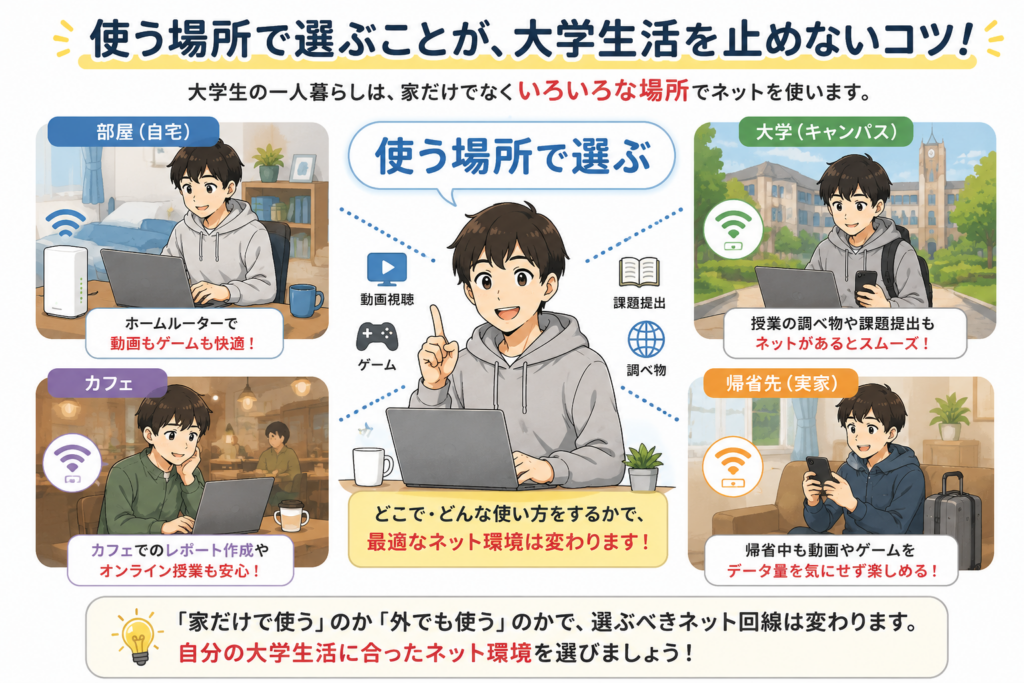 大学生の一人暮らしで、部屋・大学・カフェ・帰省先など使う場所に合わせてネット環境を選ぶ重要性を示したイラスト