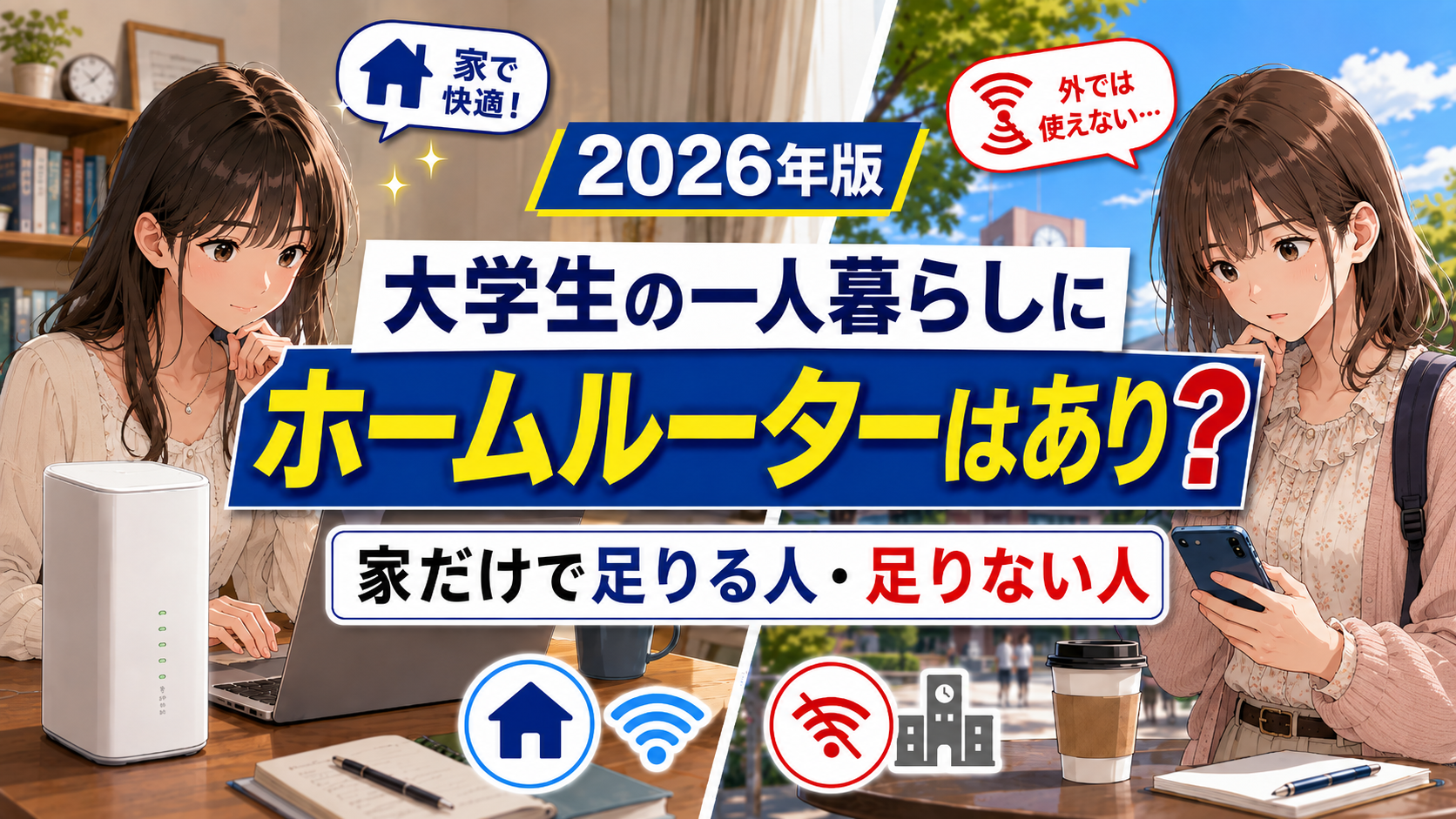 大学生の一人暮らしにホームルーターはありか、家だけで足りる人と足りない人の違いを表したアイキャッチ画像