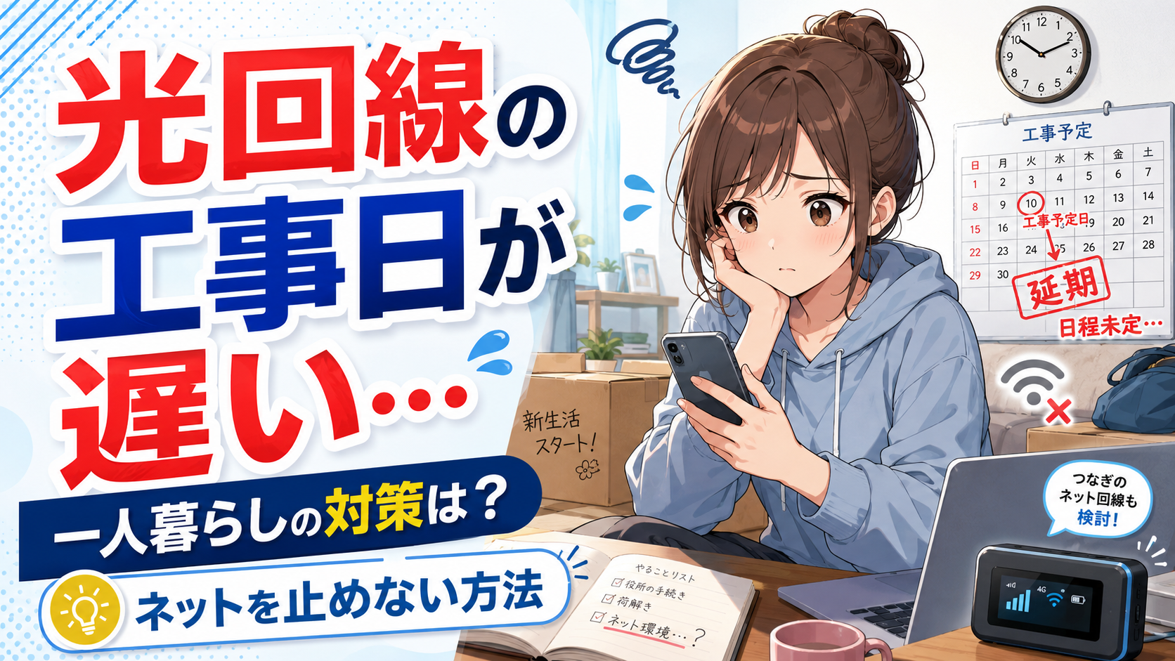 光回線の工事日が遅く、一人暮らしでネットが使えない不安を抱える女性のアイキャッチ画像