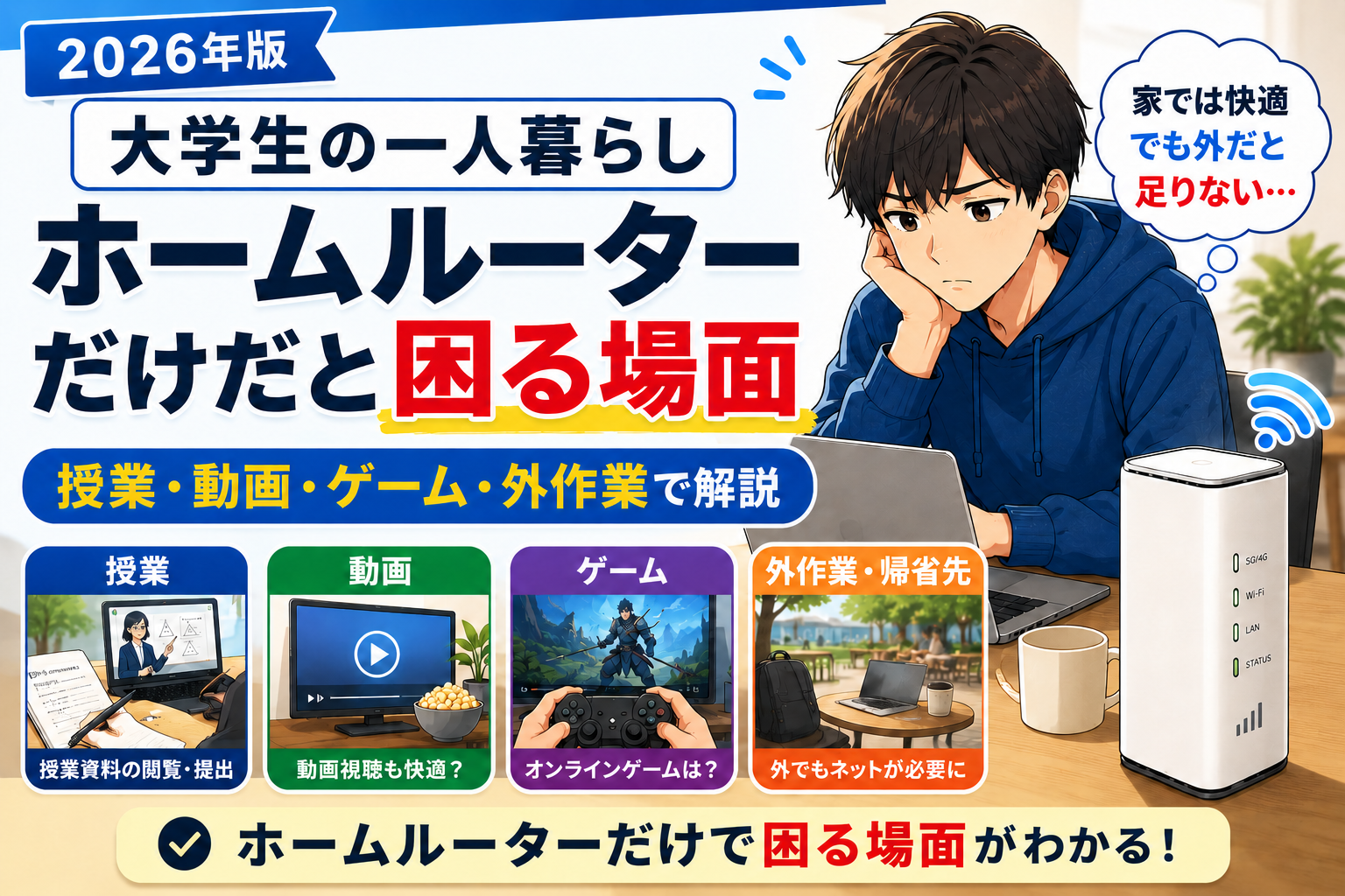 大学生の一人暮らしでホームルーターだけだと困る場面を解説するアイキャッチ画像